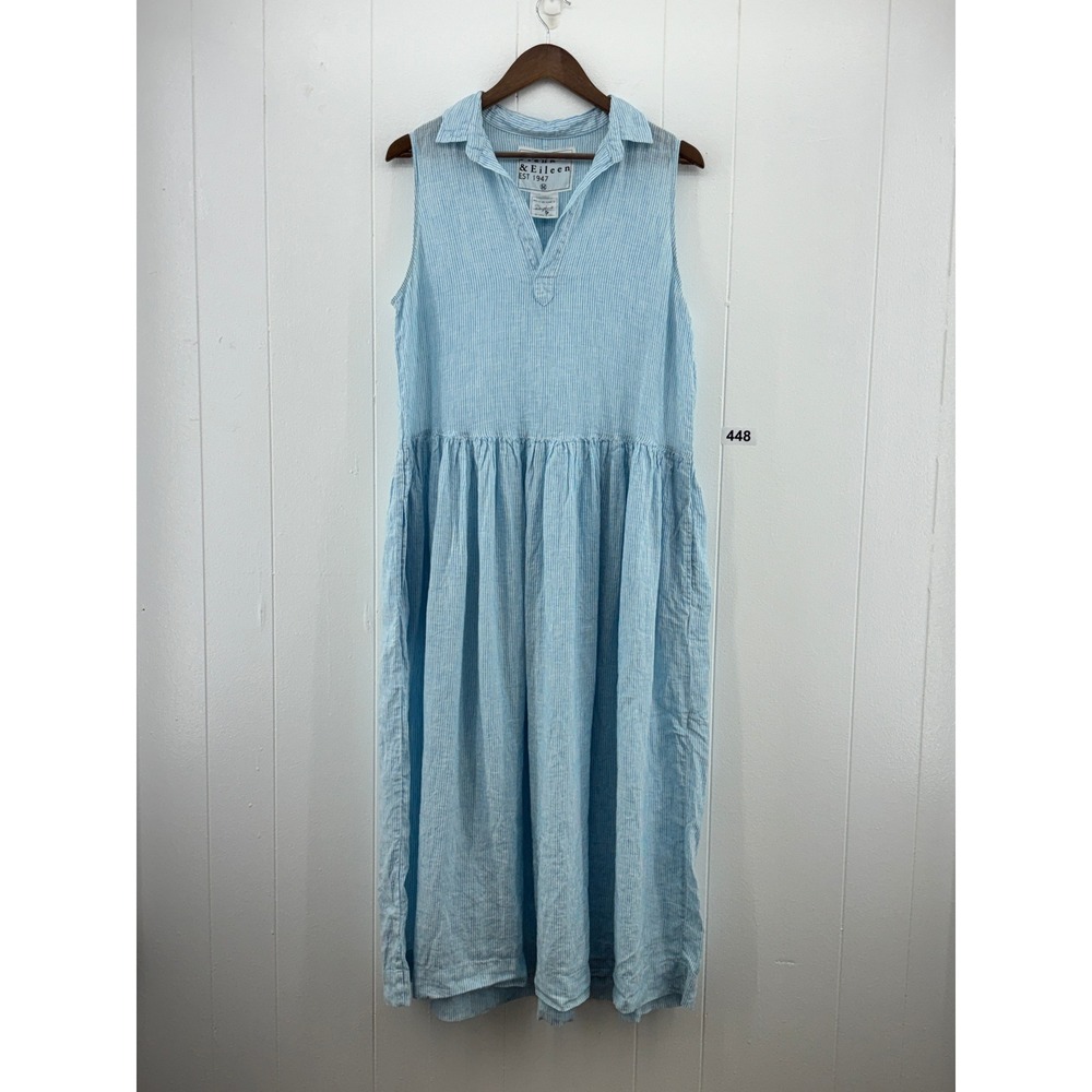 Frank & Eileen Daphne Linen Sleeveless Dress Blue White Pinstripe Size Medium